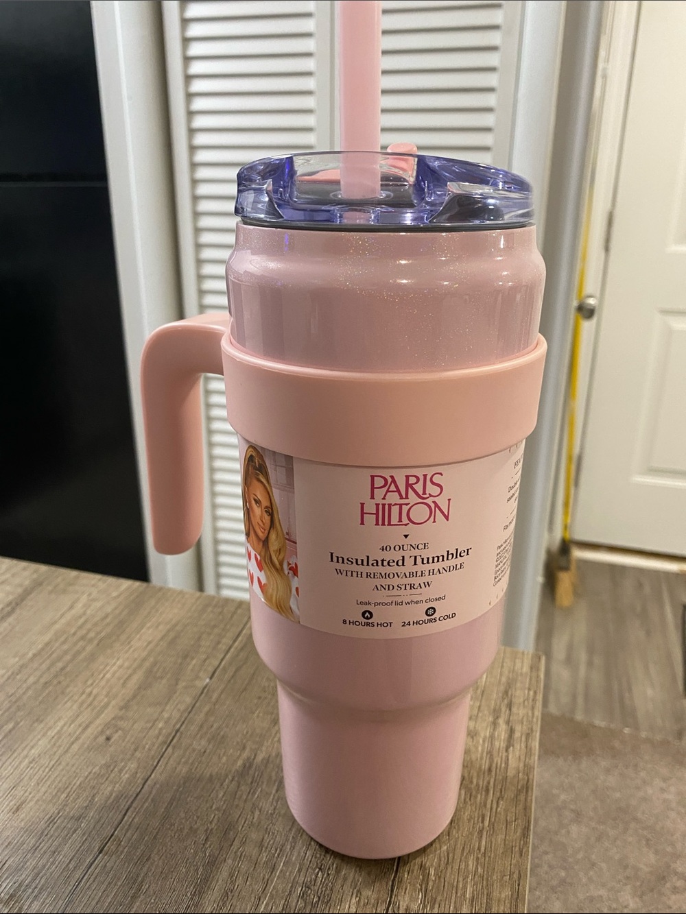 Paris Hilton Pink Glitter 40oz Insulated Tumbler with Handle & Straw